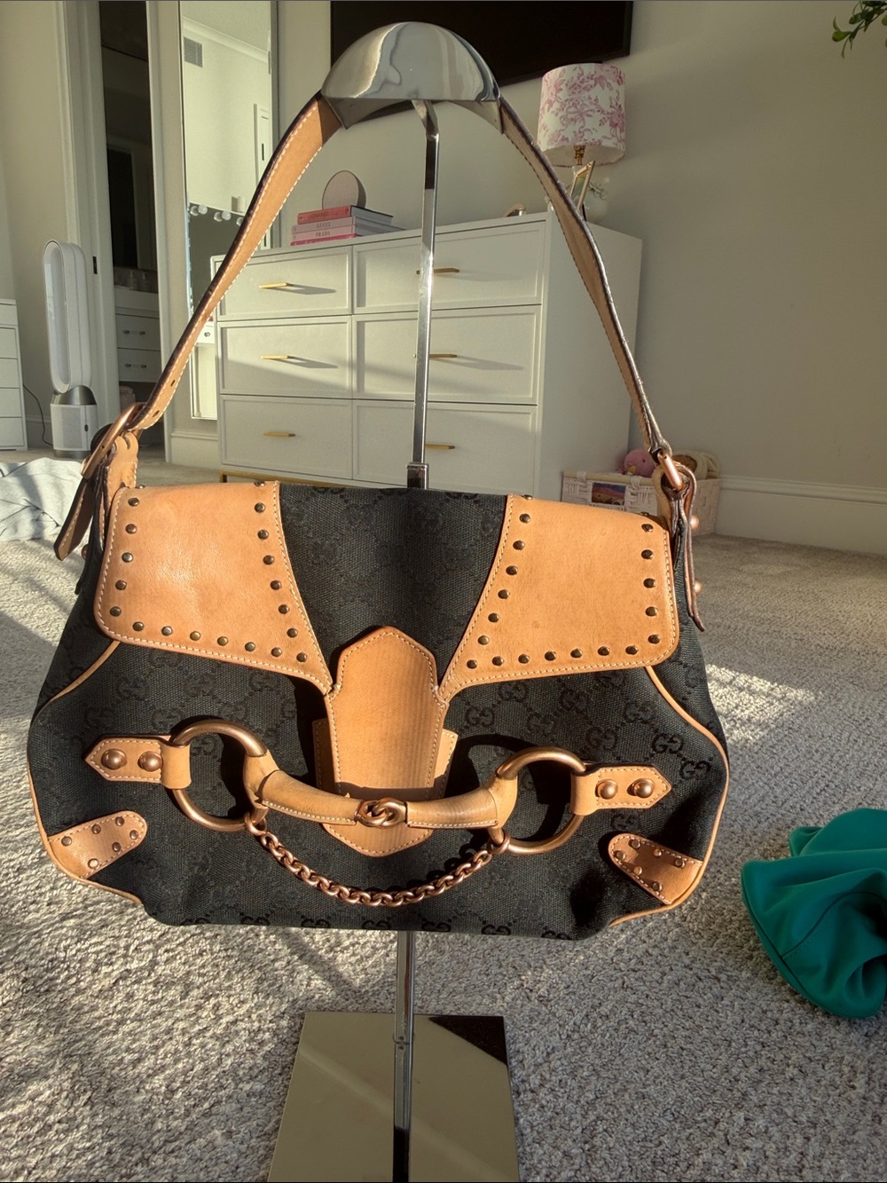 Black & Tan Shoulder Bag with Gold-Tone Hardware